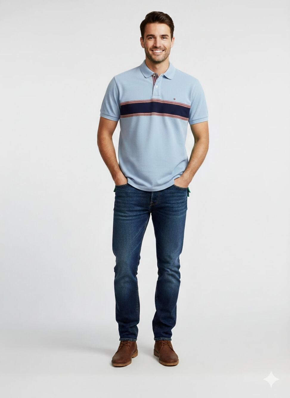 Tommy Hilfiger Vintage Blue Navy Rainbow Stripe Polo Golf Shirt XXL 2XL